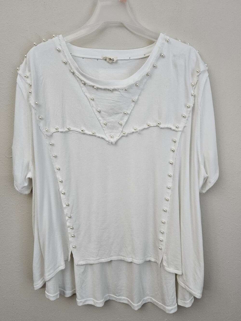 POL White Oversized Short Sleeve Top with Pearl Detail Size L (NWOT) - Picture 2 of 10